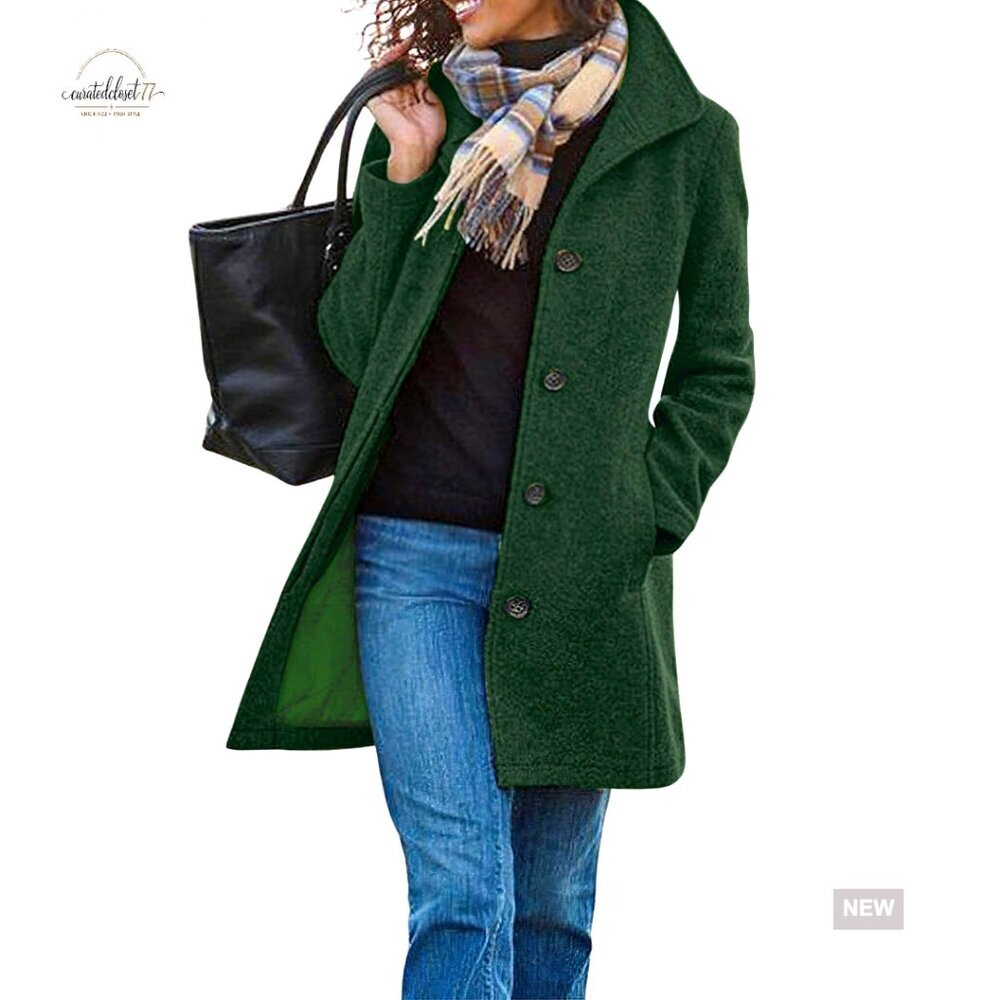 Women's Wool Blend Pea Coat, Stand Collar, Single Breasted, Knee Length
